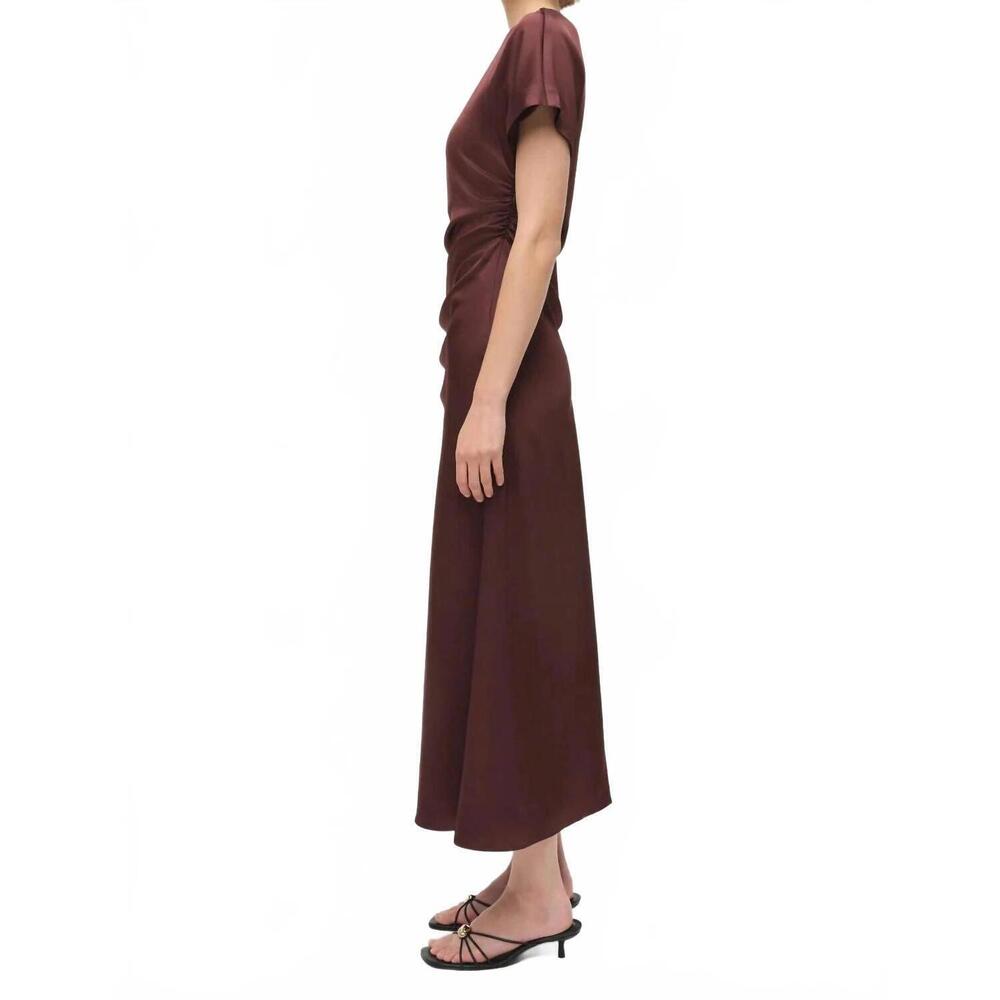 NEW SIMKHAI marabella draped satin midi dress in mahogany - Picture 2 of 6